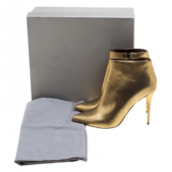 Pre Owned Alexander McQueen Gold Textured Leather Pointed Toe Ankle Booties Size 38