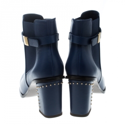 Pre Owned Alexander McQueen Midnight Blue Leather Studded Heel Ankle Boots Size 39