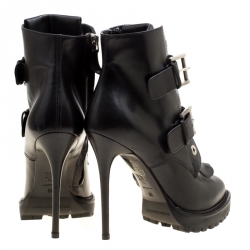 Pre Owned Alexander McQueen Black Leather Buckle Detail Platform Boots Size 36