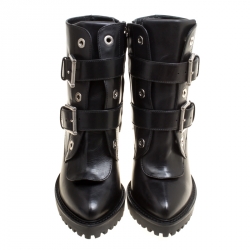 Pre Owned Alexander McQueen Black Leather Buckle Detail Platform Boots Size 36