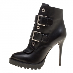 Pre Owned Alexander McQueen Black Leather Buckle Detail Platform Boots Size 36