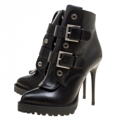 Pre Owned Alexander McQueen Black Leather Buckle Detail Platform Boots Size 36
