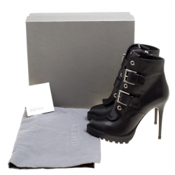 Pre Owned Alexander McQueen Black Leather Buckle Detail Platform Boots Size 36