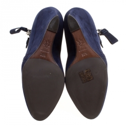 Pre Owned Alexander McQueen Indigo Blue Suede Spiral Zip Detail Wedge Ankle Boots Size 38.5