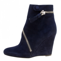 Pre Owned Alexander McQueen Indigo Blue Suede Spiral Zip Detail Wedge Ankle Boots Size 38.5