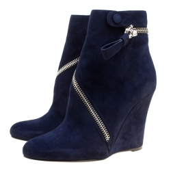 Pre Owned Alexander McQueen Indigo Blue Suede Spiral Zip Detail Wedge Ankle Boots Size 38.5