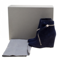 Pre Owned Alexander McQueen Indigo Blue Suede Spiral Zip Detail Wedge Ankle Boots Size 38.5