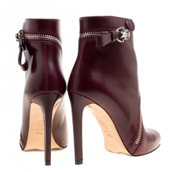 Pre Owned Alexander McQueen Burgundy Leather Spiral Zip Ankle Boots Size 37.5