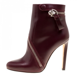 Pre Owned Alexander McQueen Burgundy Leather Spiral Zip Ankle Boots Size 37.5