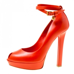 Pre Owned Alexander McQueen Orange Leather Ankle Wrap Peep Toe Platform Pumps Size 40