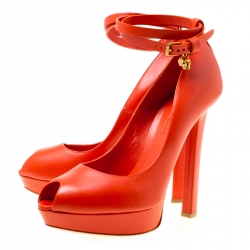 Pre Owned Alexander McQueen Orange Leather Ankle Wrap Peep Toe Platform Pumps Size 40