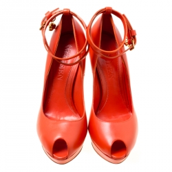 Pre Owned Alexander McQueen Orange Leather Ankle Wrap Peep Toe Platform Pumps Size 40