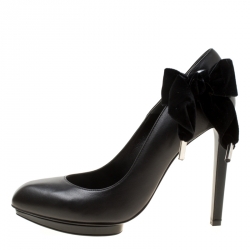 Pre Owned Alexander McQueen Black Leather With Velvet Bow Platform Pumps Size 39