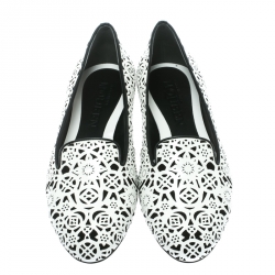 Pre Owned Alexander McQueen Monochrome Laser Cut Patent Leather Smoking Slippers Size 39