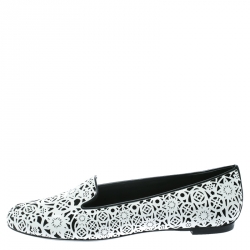 Pre Owned Alexander McQueen Monochrome Laser Cut Patent Leather Smoking Slippers Size 39