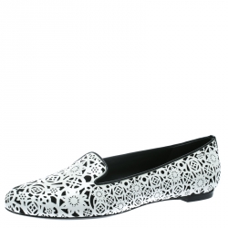 Pre Owned Alexander McQueen Monochrome Laser Cut Patent Leather Smoking Slippers Size 39