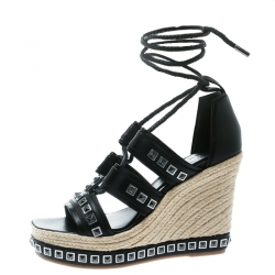 Pre Owned Alexander McQueen Black Leather Stud Detail Ankle Tie Espadrille Wedge Sandals Size 39