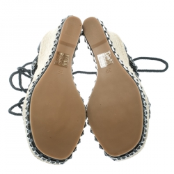 Pre Owned Alexander McQueen Black Leather Stud Detail Ankle Tie Espadrille Wedge Sandals Size 39