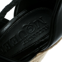 Pre Owned Alexander McQueen Black Leather Stud Detail Ankle Tie Espadrille Wedge Sandals Size 39