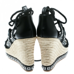 Pre Owned Alexander McQueen Black Leather Stud Detail Ankle Tie Espadrille Wedge Sandals Size 39