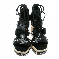 Pre Owned Alexander McQueen Black Leather Stud Detail Ankle Tie Espadrille Wedge Sandals Size 39