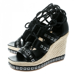 Pre Owned Alexander McQueen Black Leather Stud Detail Ankle Tie Espadrille Wedge Sandals Size 39