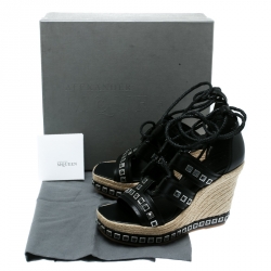 Pre Owned Alexander McQueen Black Leather Stud Detail Ankle Tie Espadrille Wedge Sandals Size 39