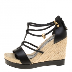 Pre Owned Alexander McQueen Black Braided Leather T Strap Espadrille Wedge Sandals Size 39