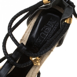 Pre Owned Alexander McQueen Black Braided Leather T Strap Espadrille Wedge Sandals Size 39