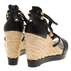 Pre Owned Alexander McQueen Black Braided Leather T Strap Espadrille Wedge Sandals Size 39