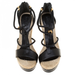Pre Owned Alexander McQueen Black Braided Leather T Strap Espadrille Wedge Sandals Size 39