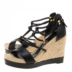 Pre Owned Alexander McQueen Black Braided Leather T Strap Espadrille Wedge Sandals Size 39