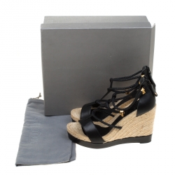 Pre Owned Alexander McQueen Black Braided Leather T Strap Espadrille Wedge Sandals Size 39