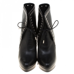 Pre Owned Alexander McQueen Black Leather Eyelet Trim Curve Heel Ankle Boots Size 40