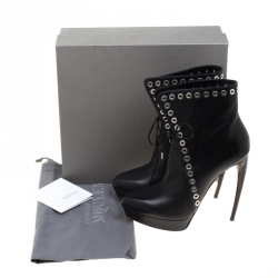 Pre Owned Alexander McQueen Black Leather Eyelet Trim Curve Heel Ankle Boots Size 40
