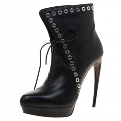 Pre Owned Alexander McQueen Black Leather Eyelet Detail Curve Heel Platform Ankle Boots Size 38.5