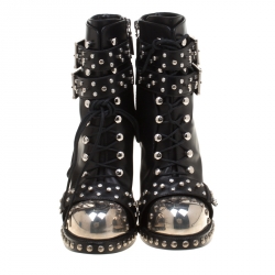 Pre Owned Alexander McQueen Black Leather Studded Armour Heel Platform Ankle Boots Size 39