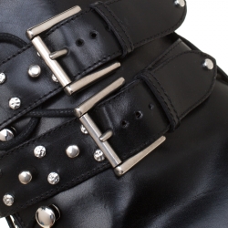 Pre Owned Alexander McQueen Black Leather Studded Armour Heel Platform Ankle Boots Size 39