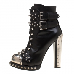 Pre Owned Alexander McQueen Black Leather Studded Armour Heel Platform Ankle Boots Size 39