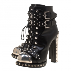 Pre Owned Alexander McQueen Black Leather Studded Armour Heel Platform Ankle Boots Size 39