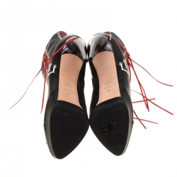 Pre Owned Alexander McQueen Black Leather With Two Tone Cord Detail Curve Heel Platform Ankle Boots Size 40