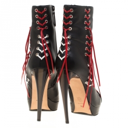 Pre Owned Alexander McQueen Black Leather With Two Tone Cord Detail Curve Heel Platform Ankle Boots Size 40