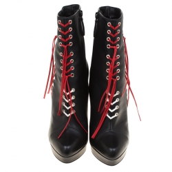 Pre Owned Alexander McQueen Black Leather With Two Tone Cord Detail Curve Heel Platform Ankle Boots Size 40