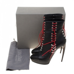 Pre Owned Alexander McQueen Black Leather With Two Tone Cord Detail Curve Heel Platform Ankle Boots Size 40