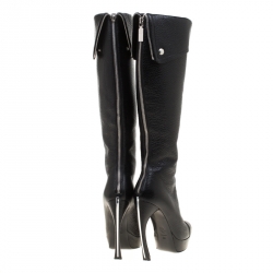 Pre Owned Alexander McQueen Black Leather Fold Over Cuff Curve Heel Platform Knee Length Boots Size 36