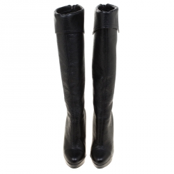 Pre Owned Alexander McQueen Black Leather Fold Over Cuff Curve Heel Platform Knee Length Boots Size 36