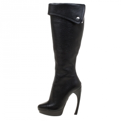 Pre Owned Alexander McQueen Black Leather Fold Over Cuff Curve Heel Platform Knee Length Boots Size 36