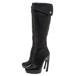 Pre Owned Alexander McQueen Black Leather Fold Over Cuff Curve Heel Platform Knee Length Boots Size 36