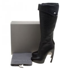 Pre Owned Alexander McQueen Black Leather Fold Over Cuff Curve Heel Platform Knee Length Boots Size 36