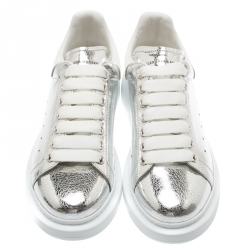 Pre Owned Alexander McQueen Metallic Silver/White Leather Classic Larry Platform Lace Up Sneakers Size 40.5